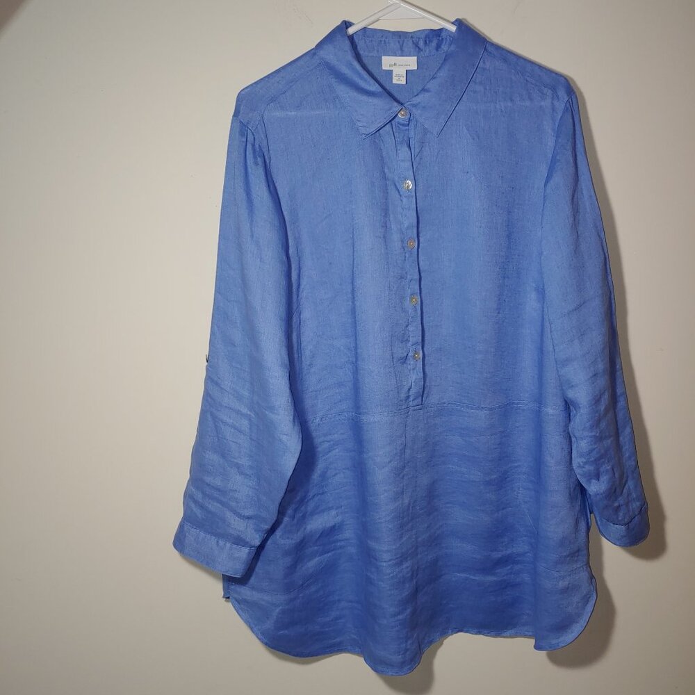 J. Jill Love Linen  Roll Tab-Sleeves 100% Linen Tunic Top Blue Ginger Sz XL P